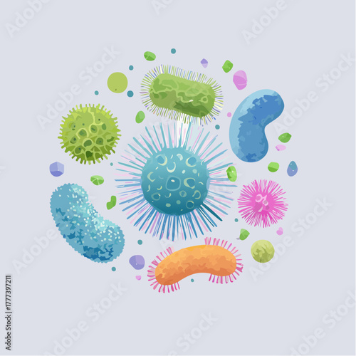 Vector Illustration of Colorful and Diverse Intestinal Bacteria in Human Gut. Concept of Gut Flora and Microbiome.