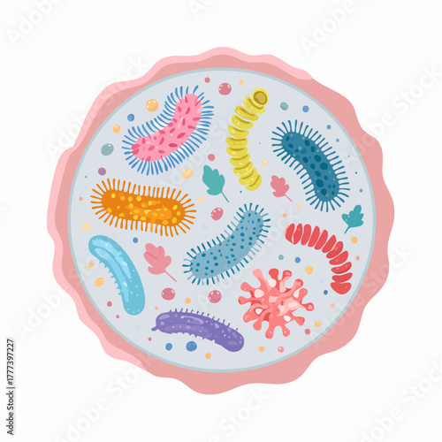 Vector Illustration of Colorful and Diverse Intestinal Bacteria in Human Gut. Concept of Gut Flora and Microbiome.