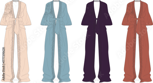 Vector illustration set of women's fashion jumpsuits with V-neck tie-front blouse and wide-leg flared trousers shown in four different colorways