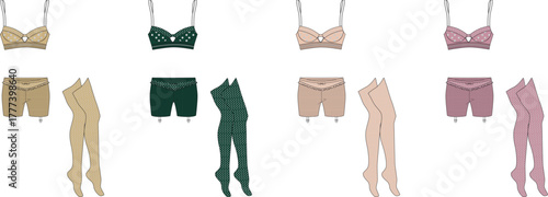 Collection of Lingerie Sets with Bras, Panties, and Stockings in Various Colors