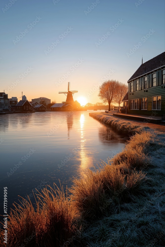 Obraz premium Serene sunrise over dutch village canal with windmill and frosty landscape
