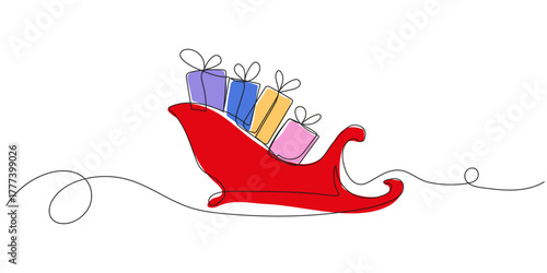 Continuous line drawing of a retro Christmas sleigh with gifts. Christmas illustration in line style.