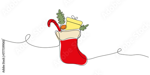 Continuous line drawing of a retro Christmas stocking with gifts inside, candy cane. Christmas illustration in line style.