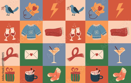 seamless pattern of winter elements. modern plaid, mosaic style. hat, clothes, glasses, lemon, scarf, jumper. for print, banner, postcard, business ideas. art vector illustration.