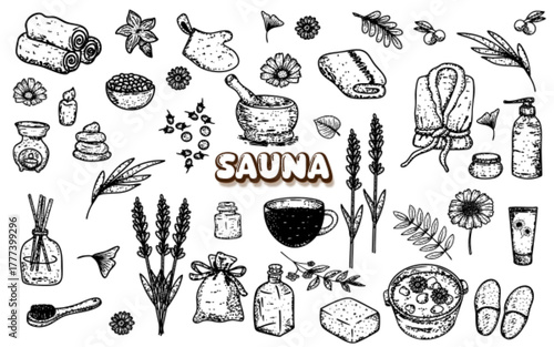 Sauna and spa bathing outline hand drawn doodle natural accessories aesthetic 