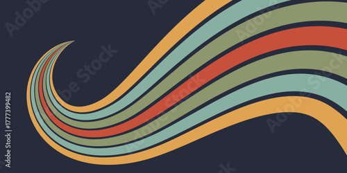 Retro rainbow line on dark background. Vintage groovy wavy perspective graphic for poster. Striped swirl color path. 70s abstract minimal design