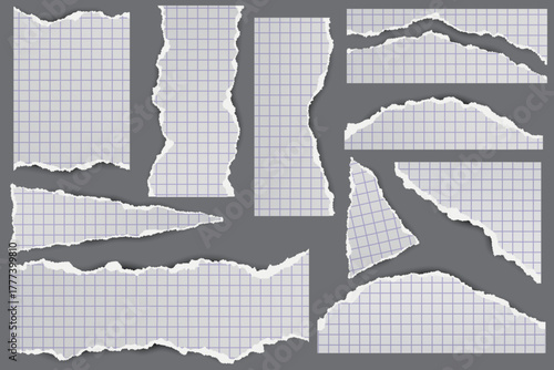 Torn sheets of paper with cells. Jagged strips with vintage texture on gray background for banners and text blocks. Pieces of notebook pages for collages with rough edges and realistic shadows. Vector