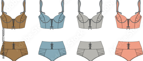 Vector fashion illustrations of elegant women's lingerie sets, featuring bras and high-waisted briefs in a palette of modern colors, perfect for clothing design concepts