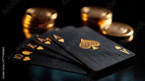 Luxury black and gold playing cards with royal flush and golden coins on dark background