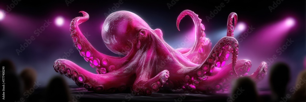 Naklejka premium Fantasy pink octopus performing under stage lights in front of an audience