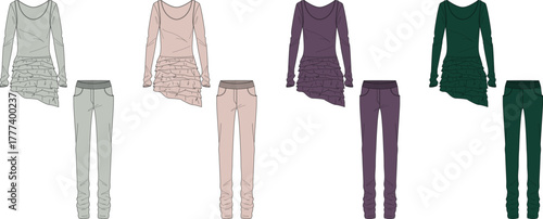 Fashion clothing set designs women's tops with asymmetrical skirts and matching pants, vector illustration