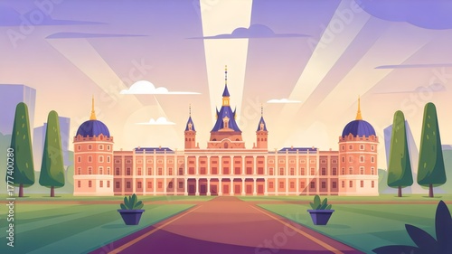 Elegant illustration of a royal palace with dramatic morning light, concept of history, tradition and heritage.