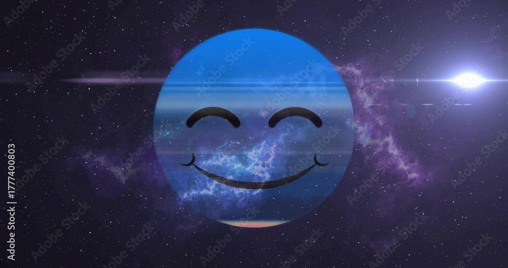 Obraz premium Floating blue smiling emoticon sphere drifting through purple nebula with white star flare streaks