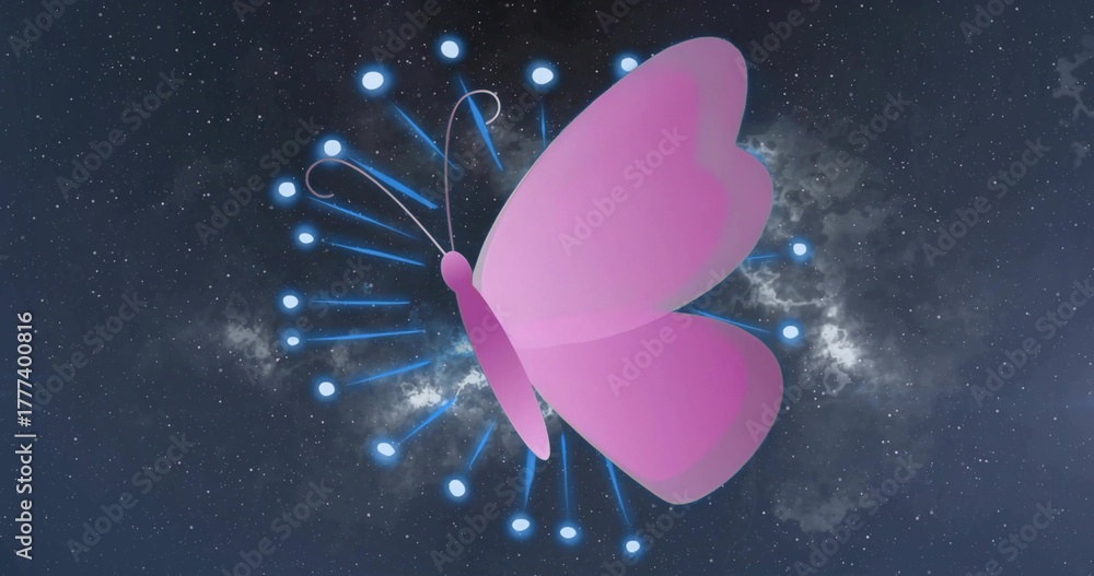 Fototapeta premium Hovering stylized pink butterfly graphic floating in outer space, with radial glowing blue nodes