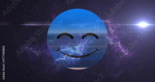 Floating blue smiling emoticon sphere drifting through purple nebula with white star flare streaks