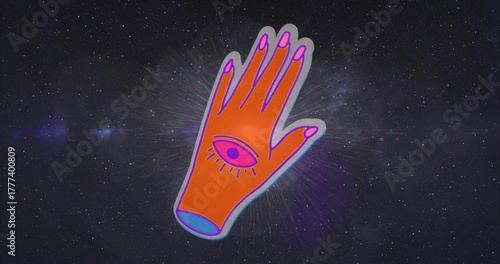 Floating orange glove with purple outline and pink tips in cosmic backdrop, featuring magenta eye