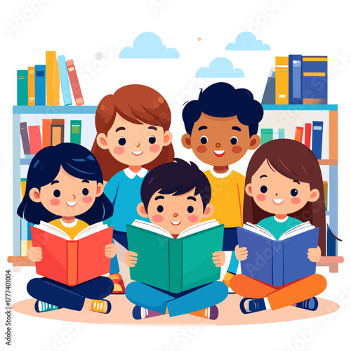 A happy diverse group of five cartoon children sitting crosslegged while reading colorful books.