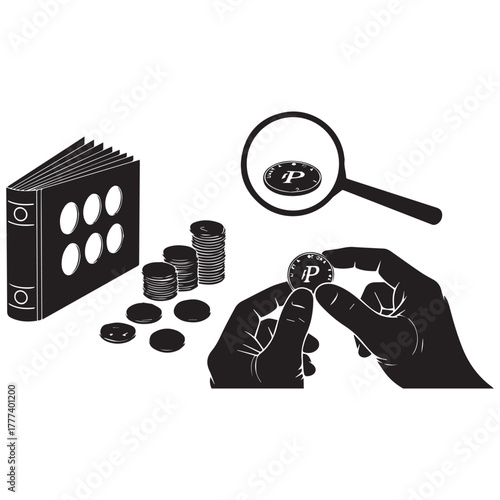 Coin collecting and examination with magnifying glass and album