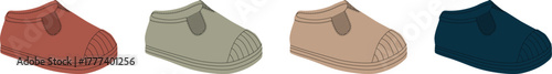 A row of four blurred shoes in different colors, suggesting variety and choice in footwear options