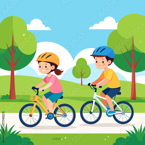 Two cheerful cartoon children wearing helmets a boy and a girl happily riding bicycles outdoors.