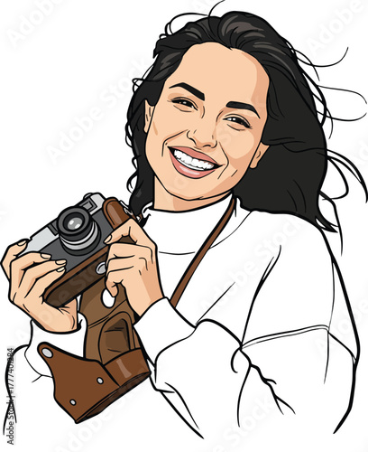 Cute girl smiling holding a camera vector illustration