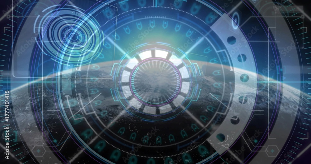 Fototapeta premium Projecting central HUD interface over planet horizon in orbit, with segmented rings and data