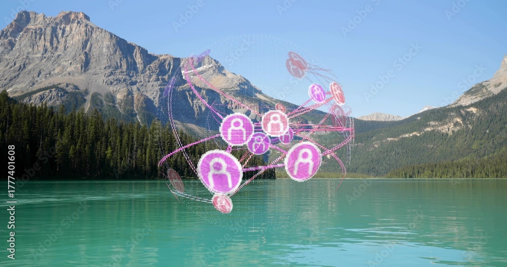 Obraz premium Floating digital network overlay hovering above mountain lake, with pink user icons and link lines