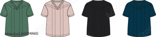 Set of four different colored polo shirts, presented with clear, clean lines and simple designs