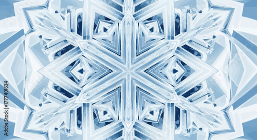 Symmetrical crystalline pattern in frosted blue hues resembling an ice kaleidoscope generating a