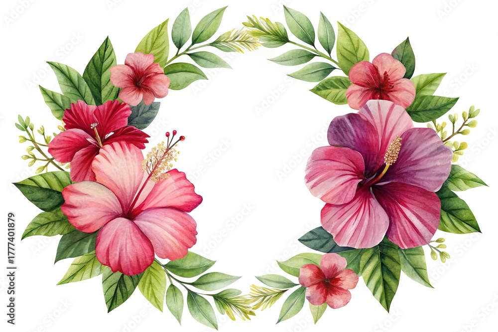 Fototapeta premium Watercolor Hibiscus Flower and Green Leaf Wreath isolated on Transparent Background