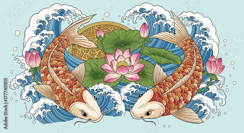 Harmony of Koi Carp with Lotus Flowers and Gentle Waves for Artistic Print Design