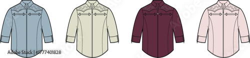 Fashion design template set of men's Western shirts in four colorways. Technical flat vector illustration with embroidery details