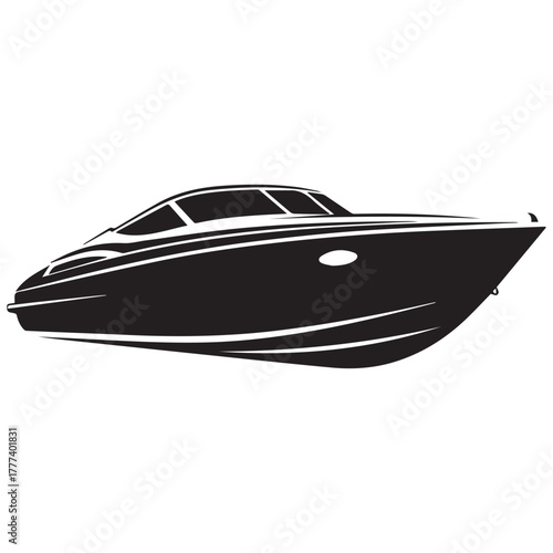 Sleek black speedboat silhouette on a white background