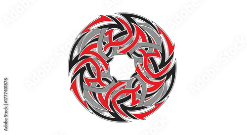 Intricate circle design featuring red, gray and black interweaving patterns on white background