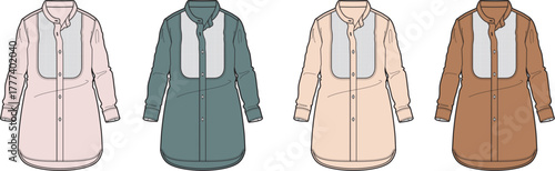 Set of women's long sleeve tunic shirt fashion flat sketches with bib front detail. Technical drawing template in multiple colorways