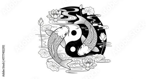 Yin and Yang koi fish illustration with lotus flowers and stylized waves representing balance