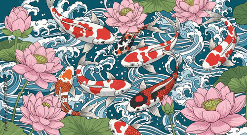 Elegance in Motion: A Harmonious Koi and Lotus Blossom Symphony of Underwater Beauty