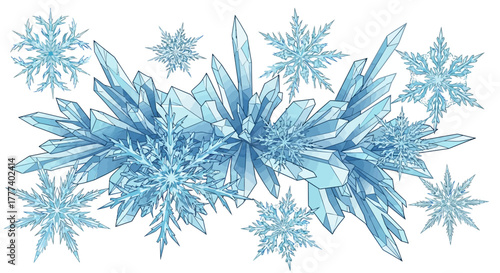 Delicate Watercolor Snowflakes and Crystalline Formations create Winter Magic Isolated Design