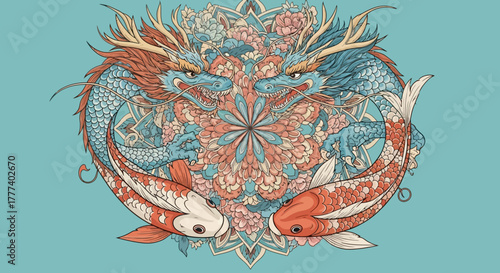 Elegant asian mythological illustration featuring intertwined dragons, koi fish and floral