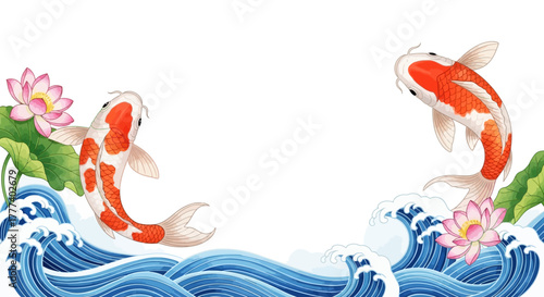 Graceful koi fish swimming among lotus flowers in a stylized watercolor design