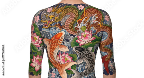 Elaborate traditional japanese tattoo showcasing a dragon, koi fish, and lotus flowers with rich