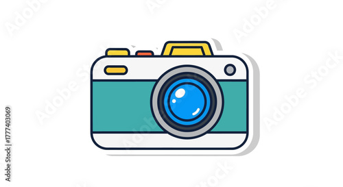 Stylized cartoon camera icon featuring playful colors and a contemporary design element