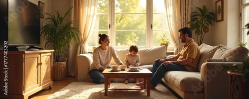 A heartwarming scene of a family's cozy living room, filled with natural light and charming decor Perfect for themes of home, togetherness, and family bonds , home decor, pretty home, cheerful