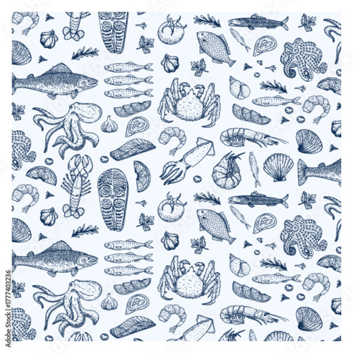 vintage seafood doodle set retro sketch hand drawn food element seamless pattern