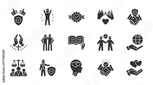 Diversity thin glyph icon set. Containing inclusion, equality, belonging, culture, tolerance, languanges, unity, difference, ethnicity, gender. Vector illustration