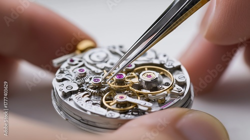 Watchmaker carefully assembles mechanical timepiece using tools, precision craft concept