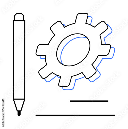 Pen next to gear with minimal lines emphasizes creation, planning, innovation, and problem-solving. Ideal for creativity, productivity, organization, technology, engineering teamwork educational