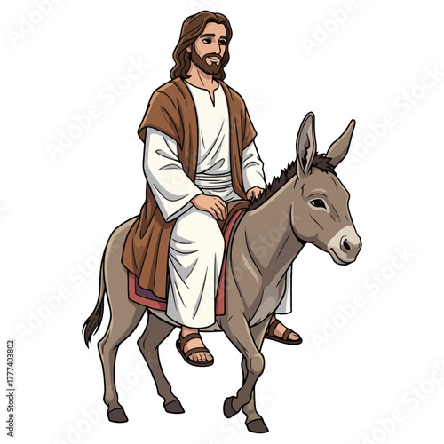 Illustration of Jesus Christ riding a donkey