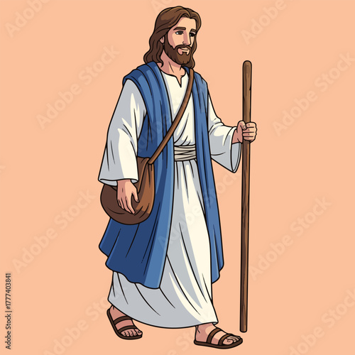 Illustration of Jesus Christ walking with a wooden staff