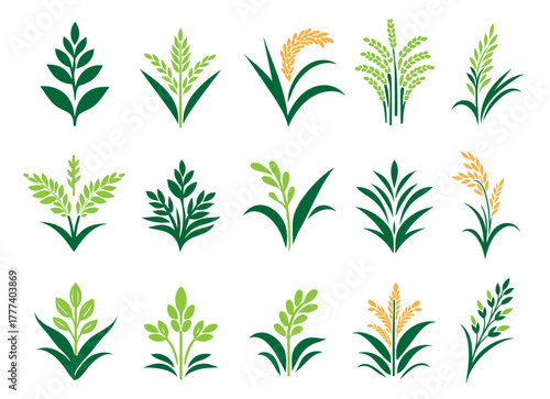 Collection of Rice Grain and Plant Logo Designs – Minimal Organic Agriculture and Farming Vector Icons for Branding, Eco Products, and Food Packaging